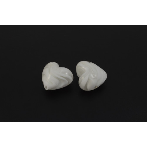 GLASS BEAD, PUFFED HEART 28MM TRANSPARENT AND WHITE